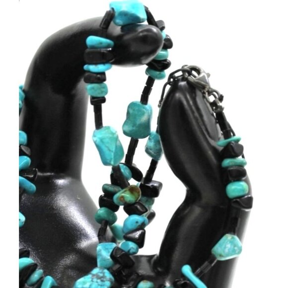 925 STERLING Native American style turquoise/onyx necklace VINTAGE 13.4 grams 17 - Picture 2 of 6